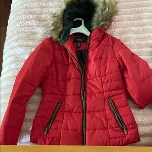 Celebrity Pink Red Puffer Coat with Quilted Design